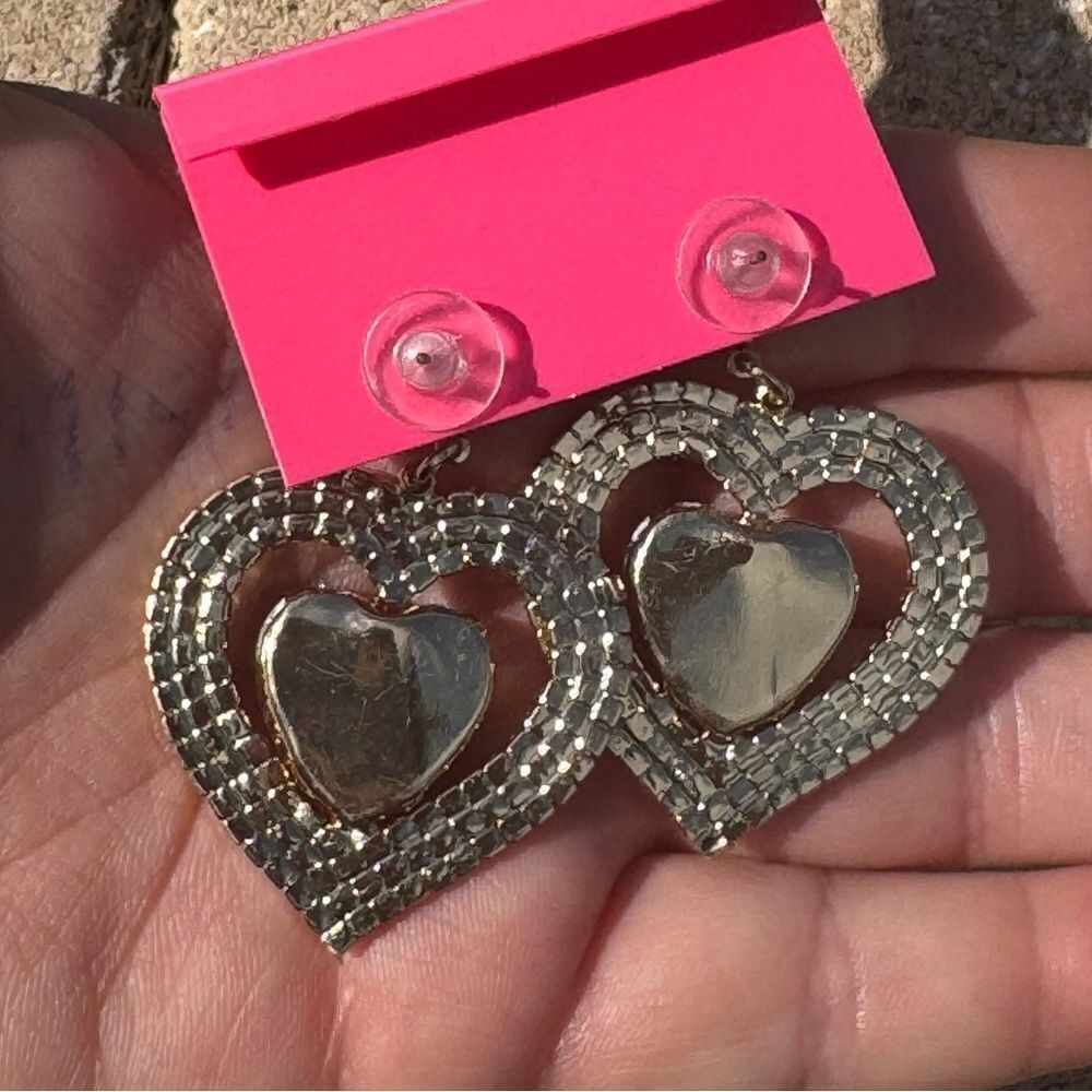 EARRINGS! Betsey Johnson Double AB Heart and Gemstone Earrings BNWT - Picture 5 of 5